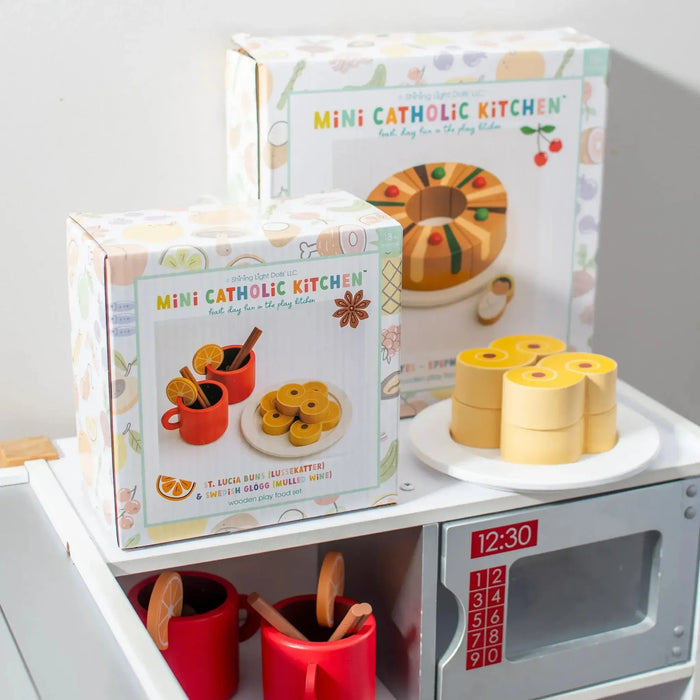 Wooden Playset | Mini Catholic Kitchen | St. Lucia Buns (Lussekatter) & Swedish Glogg