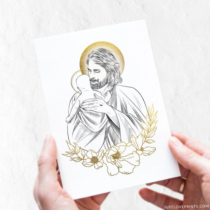 Our Lord Jesus Christ holding a baby in His most loving arms surrounded by gold halos and golden florals. Stunning.